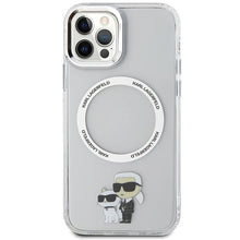 Заредете изображение във визуализатора на галерията – Original Pouch KARL LAGERFELD hardcase Iconic Karl&amp;Choupette Magsafe KLHMP12MHNKCIT for Iphone 12/12 Pro Transparent

