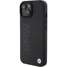 Заредете изображение във визуализатора на галерията – Original Case BMW Magsafe Leather Hot Stamp BMHMP15MSLLBK for Iphone 15 Plus Black
