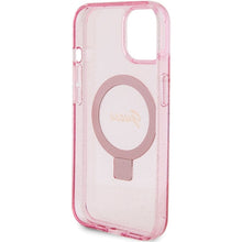 Заредете изображение във визуализатора на галерията – Original faceplate case GUESS GUHMP15SHRSGSP for iPhone 15 Plus (Magsafe / Glitter Script Logo / Ring stand / pink)
