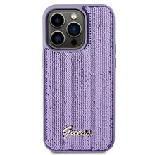 Заредете изображение във визуализатора на галерията – Guess Sequin Script Metal case for iPhone 15 Pro - purple
