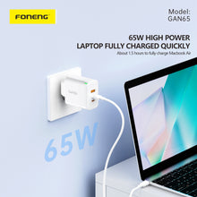 Заредете изображение във визуализатора на галерията – Foneng Wall charger GAN65 GaN - USB + 2xType C - PD 65W 3A with Type C to Type C white
