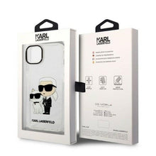 Заредете изображение във визуализатора на галерията – Original Pouch KARL LAGERFELD Gliter Karl&amp;Choupette KLHCP14SHNKCTGT for Iphone 14 transparent
