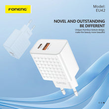 Заредете изображение във визуализатора на галерията – Foneng Wall charger EU42 GaN - USB + Type C - PD 20W 3A with Type C to Type C cable white
