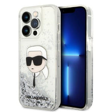 Заредете изображение във визуализатора на галерията – Original Pouch KARL LAGERFELD Glitter Karl Head KLHCP14XLNCHCS for Iphone 14 Pro Max silver
