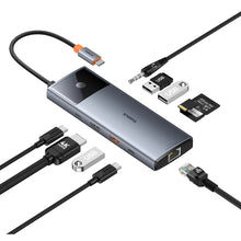Заредете изображение във визуализатора на галерията – HUB 11in1 Baseus Metal Gleam Series USB-C to USB-C PD / USB-C / 3x USB-A / HDMI / AUX / RJ-45 / SD TF - gray

