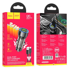 Заредете изображение във визуализатора на галерията – HOCO car charger 2 x USB QC3.0 18W + cable USB to Type C NZ12 transpatent black
