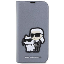 Заредете изображение във визуализатора на галерията – Karl Lagerfeld KLBKP14LSANKCPG iPhone 14 Pro 6.1" bookcase silver/silver Saffiano Karl &amp; Choupette
