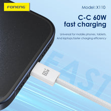 Заредете изображение във визуализатора на галерията – Foneng Cable X110 - Type C to Type C - PD 60W 3A 1,2 metres white
