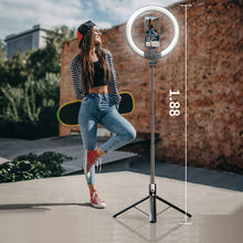 Заредете изображение във визуализатора на галерията – Selfie Stick - with detachable bluetooth remote control, tripod and ring lamp RGB - P100-RGB Black
