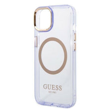 Заредете изображение във визуализатора на галерията – Guess GUHMP14SHTCMU iPhone 14 6.1&quot; purple/purple hard case Gold Outline Translucent MagSafe
