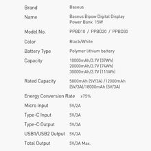 Заредете изображение във визуализатора на галерията – Baseus Bipow powerbank with display 30000mAh 15W black (Overseas Edition) + cable USB-A - Micro USB 0.25m black (PPBD050201)
