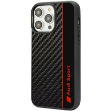Заредете изображение във визуализатора на галерията – Original Case AUDI hardcase Carbon Fiber Stripe AUS-TPUPCIP14P-R8/D1-BK for Iphone 14 Pro black
