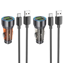 Заредете изображение във визуализатора на галерията – HOCO car charger 2 x USB QC3.0 18W + cable USB to Type C NZ12 transpatent black
