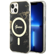Заредете изображение във визуализатора на галерията – Original Case GUESS hardcase Golden Marble MagSafe GUHMP14MHTMRSK for Iphone 14 Plus black

