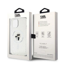 Заредете изображение във визуализатора на галерията – Karl Lagerfeld Karl&amp;Choupette Glitter MagSafe case for iPhone 15 - transparent

