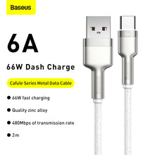 Заредете изображение във визуализатора на галерията – Baseus Cable Cafule Metal - USB to Type C - 66W 2 metres (CAKF000202) white
