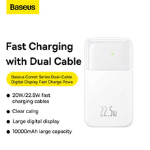 Заредете изображение във визуализатора на галерията – Baseus Comet Series powerbank with display 10000mAh 22.5W - white + USB-A - USB-C 0.3m cable - white
