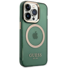 Заредете изображение във визуализатора на галерията – Guess GUHMP14XHTCMA iPhone 14 Pro Max 6.7" green/khaki hard case Gold Outline Translucent MagSafe
