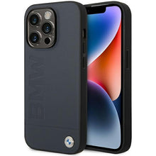 Заредете изображение във визуализатора на галерията – Case BMW BMHMP14LSLLNA iPhone 14 Pro 6.1" navy/navy hardcase Leather Hot Stamp MagSafe
