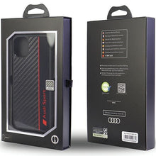Заредете изображение във визуализатора на галерията – Original Case AUDI hardcase Carbon Fiber Stripe AUS-TPUPCIP11-R8/D1-BK for Iphone 11/ Xr black

