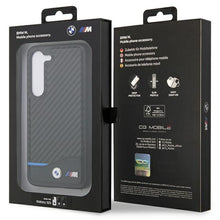 Заредете изображение във визуализатора на галерията – Original faceplate case BMW BMHCS23S22NBCK for SAMSUNG S23 (Carbon Case Bottom Horizontal Blue Line and Metal Logo / black)
