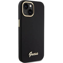 Заредете изображение във визуализатора на галерията – Guess Silicone Script Metal Logo &amp; Frame case for iPhone 15 - black
