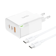 Заредете изображение във визуализатора на галерията – Foneng Wall charger GAN65 GaN - USB + 2xType C - PD 65W 3A with Type C to Type C white
