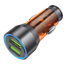 Заредете изображение във визуализатора на галерията – HOCO car charger 2 x USB QC 18W NZ12 transparent orange
