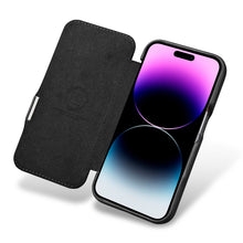 Заредете изображение във визуализатора на галерията – MagSafe Compatible Leather Flip Case for iPhone 15 Pro iCarer Curved Edge Oil Wax Real Leather Folio Case - Black
