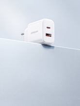 Заредете изображение във визуализатора на галерията – Joyroom JR-TCF05 20W USB-C / USB-A Fast Dual Port Wall Charger - White + USB-C - Lightning 1m
