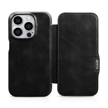 Заредете изображение във визуализатора на галерията – MagSafe Compatible Leather Flip Case for iPhone 15 Pro iCarer Curved Edge Oil Wax Real Leather Folio Case - Black
