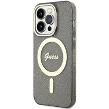 Заредете изображение във визуализатора на галерията – Original Case GUESS hardcase Glitter Gold MagSafe GUHMP14XHCMCGK for Iphone 14 Pro Max black
