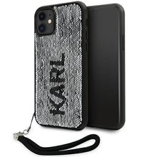 Заредете изображение във визуализатора на галерията – Original Pouch KARL LAGERFELD hardcase Sequins Cord KLHCN61PSQRKS for Iphone 11/ Xr Silver
