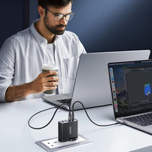 Заредете изображение във визуализатора на галерията – Fast charger GaN 140W 3 x USB-C / USB-A Joyroom JR-TCG05EU - black + USB-C cable - USB-C 240W 1.2m
