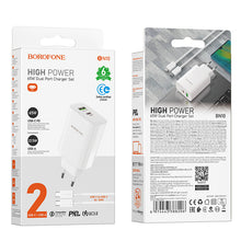 Заредете изображение във визуализатора на галерията – Borofone Wall charger BN10 Sunlight - USB + Type C - QC 3.0 PD 65W with Type C to Type C cable white
