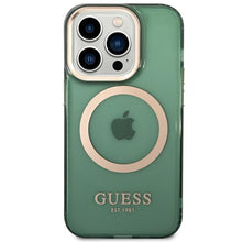 Заредете изображение във визуализатора на галерията – Guess GUHMP14XHTCMA iPhone 14 Pro Max 6.7" green/khaki hard case Gold Outline Translucent MagSafe
