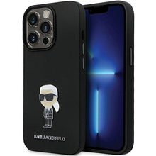 Заредете изображение във визуализатора на галерията – Original Pouch KARL LAGERFELD hardcase Silicone Ikonik Metal Pin KLHCP13LSMHKNPK for Iphone 13 Pro black
