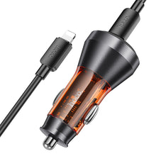 Заредете изображение във визуализатора на галерията – HOCO car charger USB QC 18W + Type C 30W with digital display + cable Type C for Lightning PD48W NZ12B transparent orange
