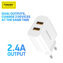 Заредете изображение във визуализатора на галерията – Foneng Wall charger EU45 - 2xUSB - 12W 2,4A with USB to Type C cable white
