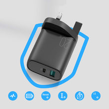 Заредете изображение във визуализатора на галерията – Joyroom fast UK wall charger USB Type C + USB 20W PD QC3.0 black (L-QP2011) + USB Type C - Lightning cable 1m (S-M006)
