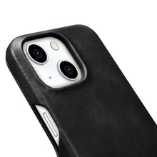 Заредете изображение във визуализатора на галерията – MagSafe Compatible Leather Flip Case for iPhone 15 iCarer Curved Edge Oil Wax Real Leather Folio Case - Black
