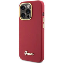 Заредете изображение във визуализатора на галерията – Guess Silicone Script Metal Logo &amp; Frame case for iPhone 15 Pro Max - red

