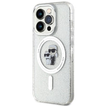 Заредете изображение във визуализатора на галерията – Original Pouch KARL LAGERFELD hardcase Karl&amp;Choupette Glitter MagSafe KLHMP14LHGKCNOT for Iphone 14 Pro transparent

