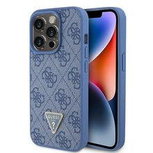 Заредете изображение във визуализатора на галерията – Original Case GUESS hardcase Leather 4G Triangle Strass GUHCP15LP4TDPB for Iphone 15 Pro Blue
