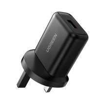 Заредете изображение във визуализатора на галерията – Ugreen UK wall charger (United Kingdom) USB-A QC3.0 18W black (CD122)
