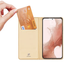 Заредете изображение във визуализатора на галерията – Dux Ducis Skin Pro Case for Samsung Galaxy S23 Flip Card Wallet Stand Gold
