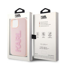 Заредете изображение във визуализатора на галерията – Original faceplate case KARL LAGERFELD KLHCP15M3DMBKCP for iPhone 15 PLUS (3D Logo Glitter  / pink)
