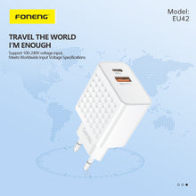Заредете изображение във визуализатора на галерията – Foneng Wall charger EU42 GaN - USB + Type C - PD 20W 3A with Type C to Type C cable white
