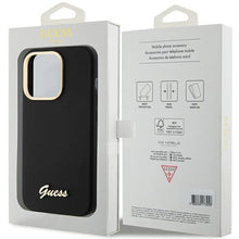 Заредете изображение във визуализатора на галерията – Guess Silicone Script Metal Logo &amp; Frame case for iPhone 15 Pro - black
