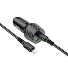 Заредете изображение във визуализатора на галерията – Borofone Car charger BZ21 Brilliant - USB + Type C - QC 3.0 PD 48W with Type C to Lightning cable black
